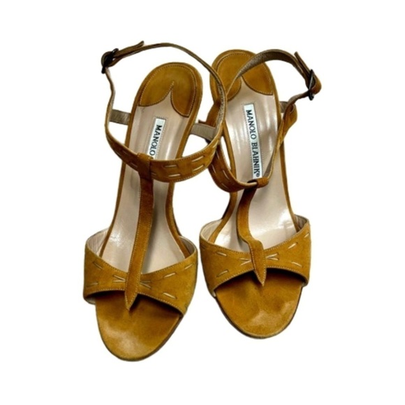 Manolo Blahnik Camel Suede T Strap Stitched Heel Sandals, US Women's 7, EU 37.5 - Picture 1 of 10